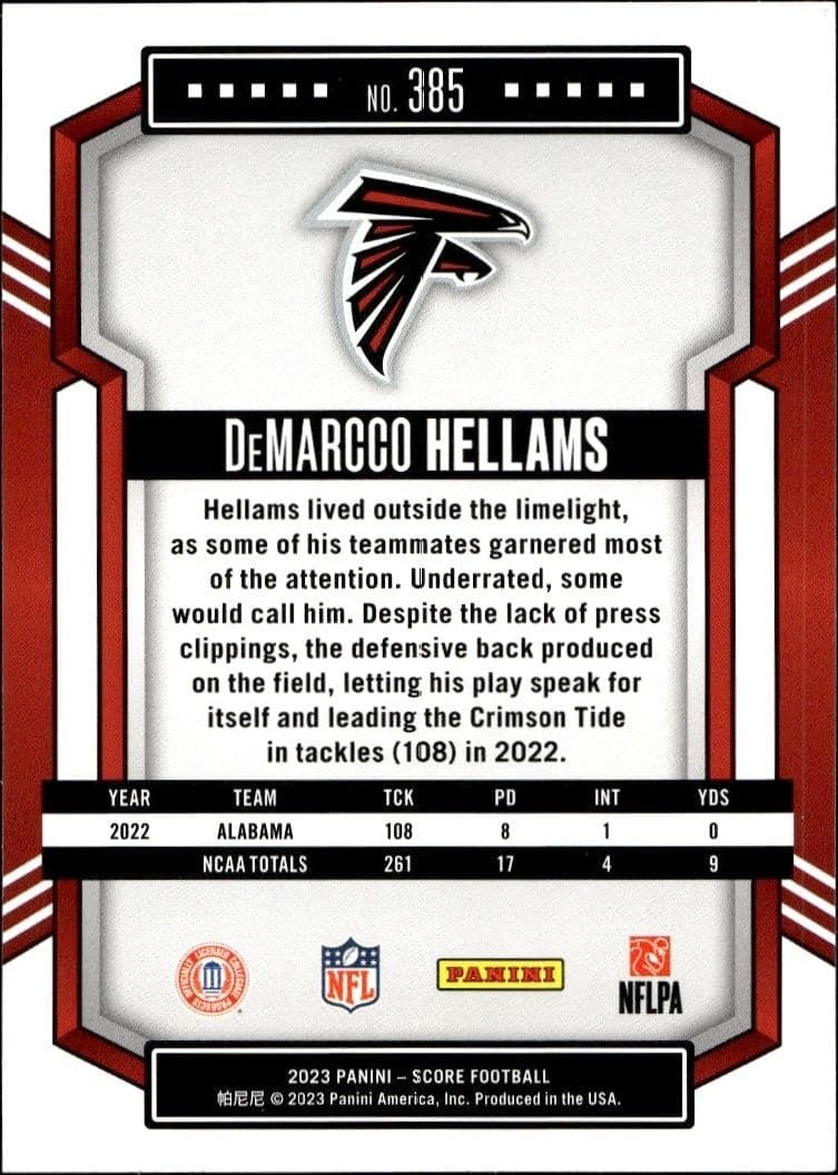 2023 Panini Score DeMarcco Hellams #385 football trading card back