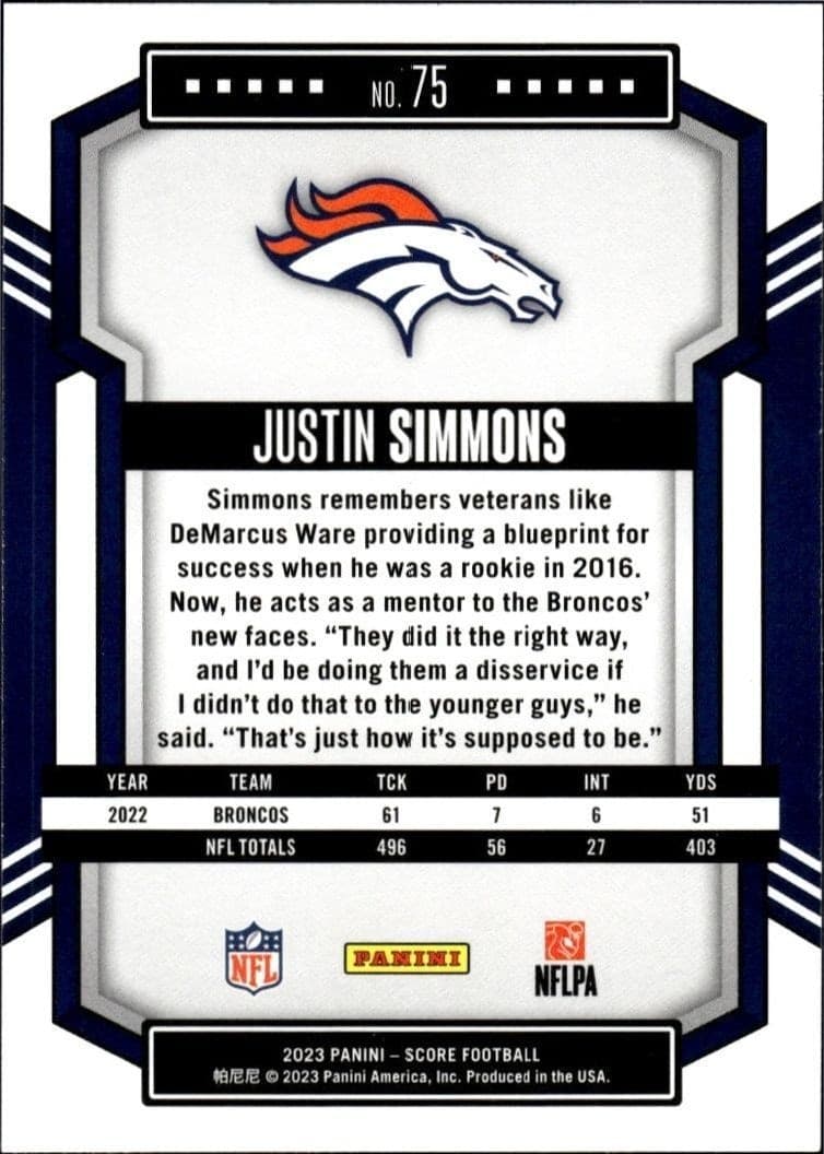 2023 Panini Score Justin Simmons #75 football trading card back