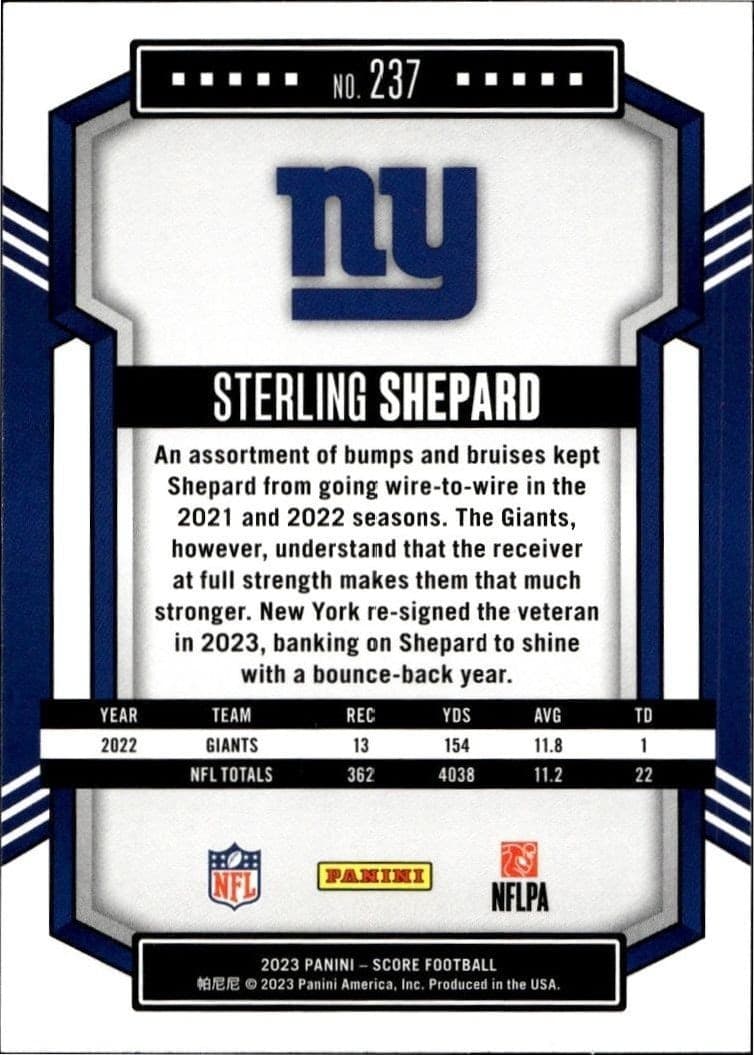 2023 Panini Score Sterling Shepard #237 football trading card back