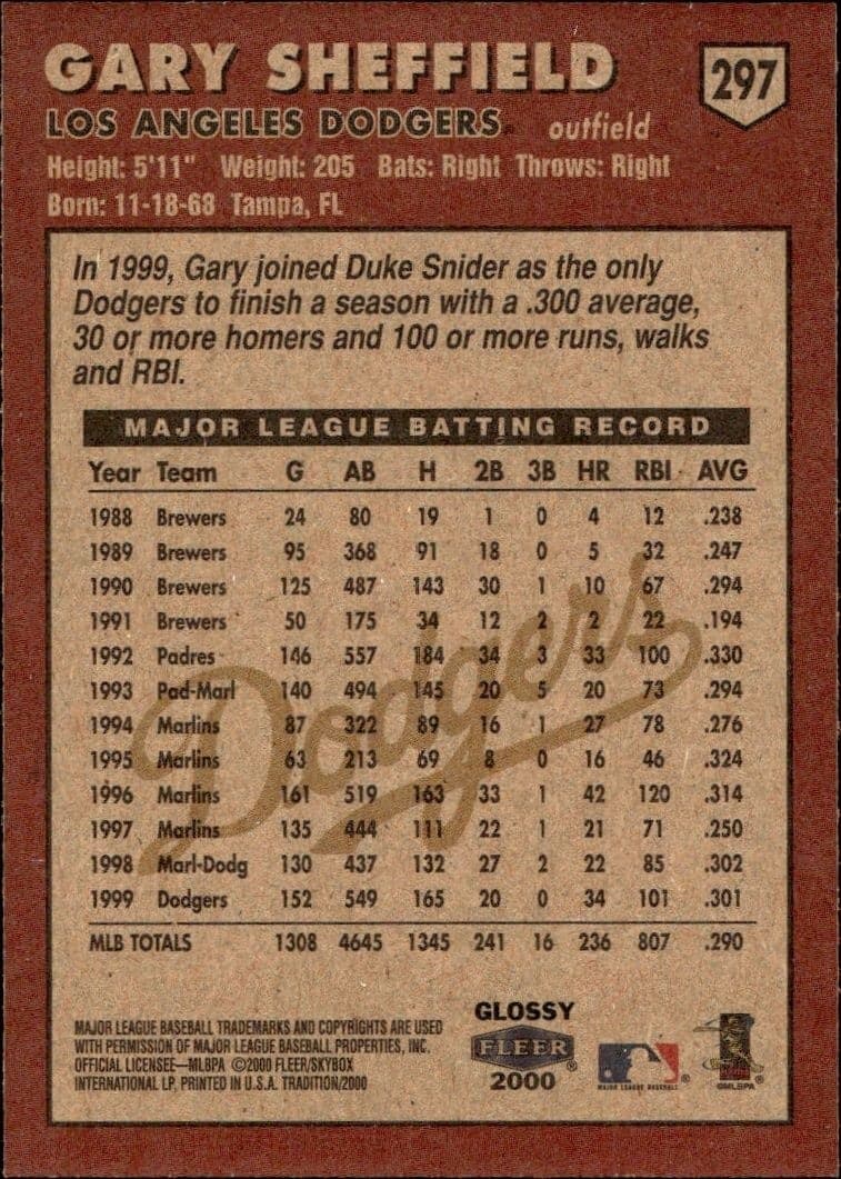 2000 Fleer Tradition Glossy Gary Sheffield #297 baseball trading card back