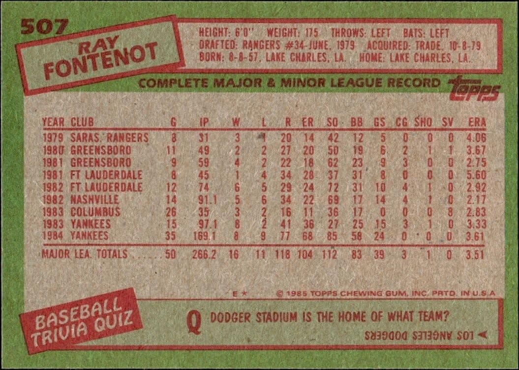 1985 Topps Ray Fontenot #507 baseball trading card back