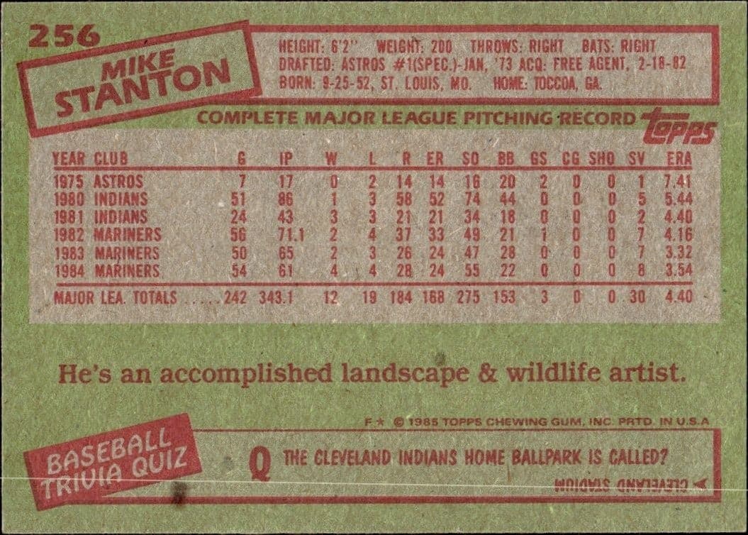 1985 Topps Mike Stanton #256 baseball trading card back