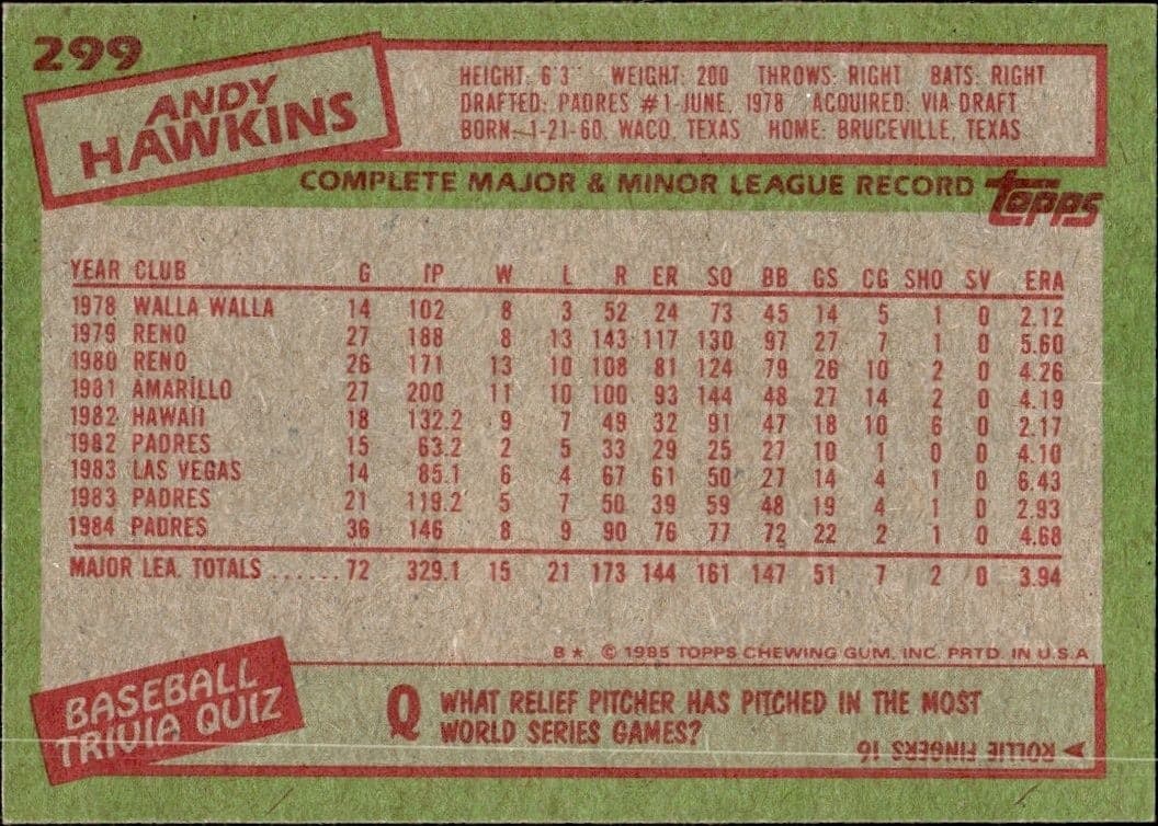 1985 Topps Andy Hawkins #299 baseball trading card back