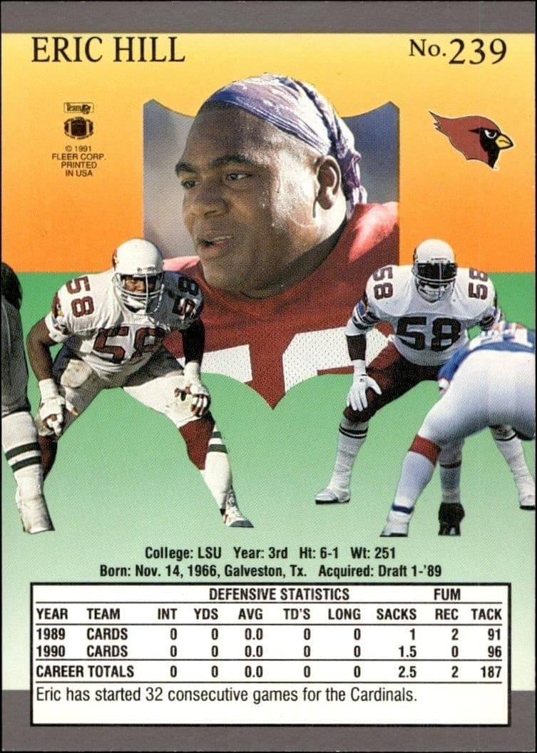 1991 Fleer Ultra Eric Hill #239 football trading card back