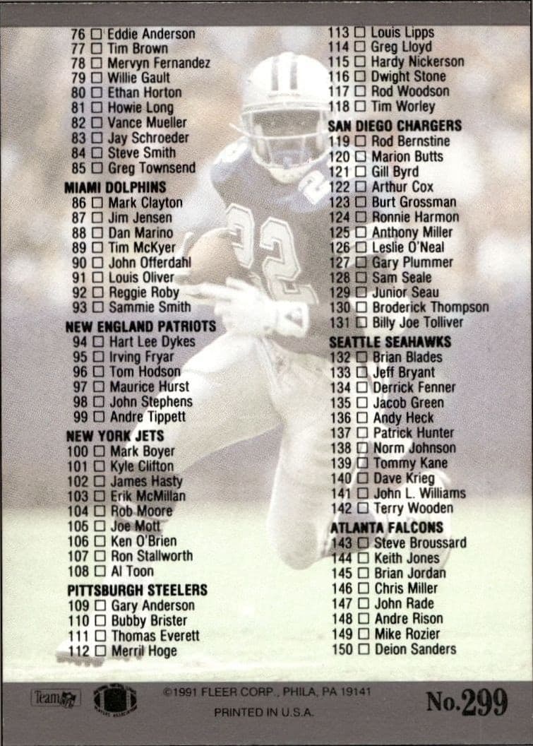 1991 Fleer Ultra Checklist #299 football trading card back