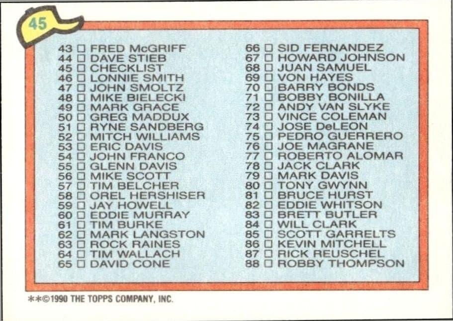 1990 Topps Checklist #45 baseball trading card back