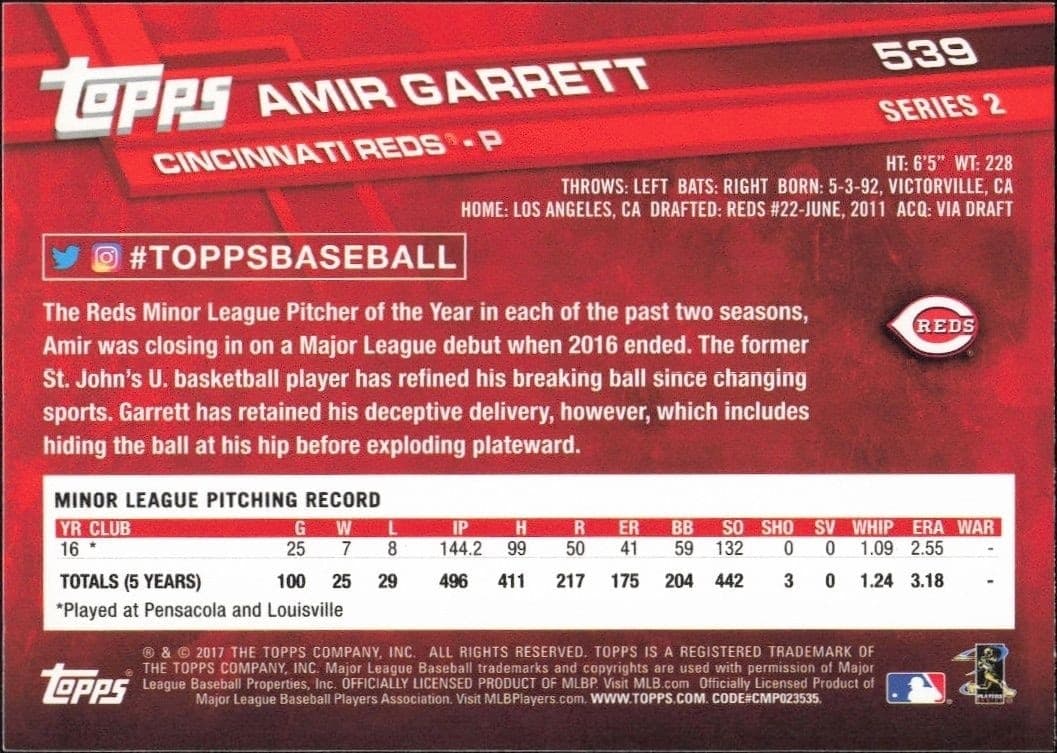 2017 Topps Series 2 Amir Garrett #539 baseball trading card back