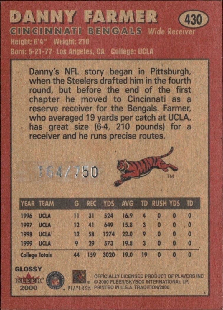 2000 Fleer Tradition Glossy Danny Farmer #430 football trading card back