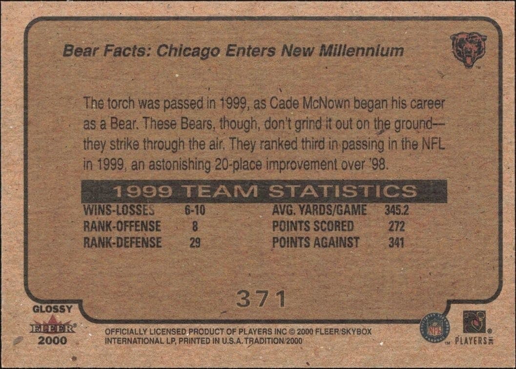 2000 Fleer Tradition Glossy Chicago Bears #371 football trading card back