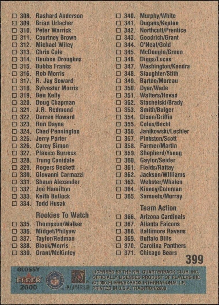 2000 Fleer Tradition Glossy Checklist #399 football trading card back