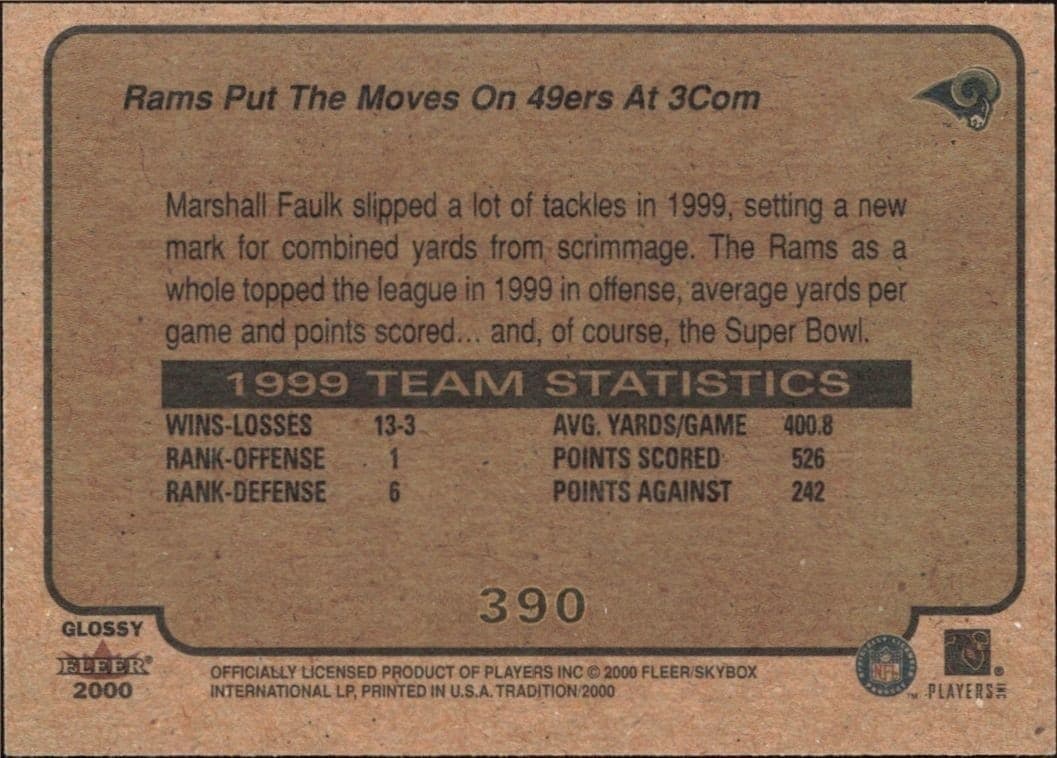 2000 Fleer Tradition Glossy St. Louis Rams #390 football trading card back