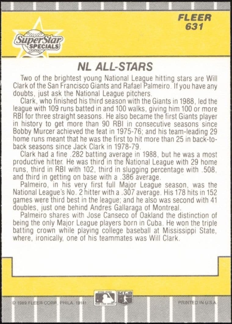 1989 Fleer Will Clark #631 baseball trading card back