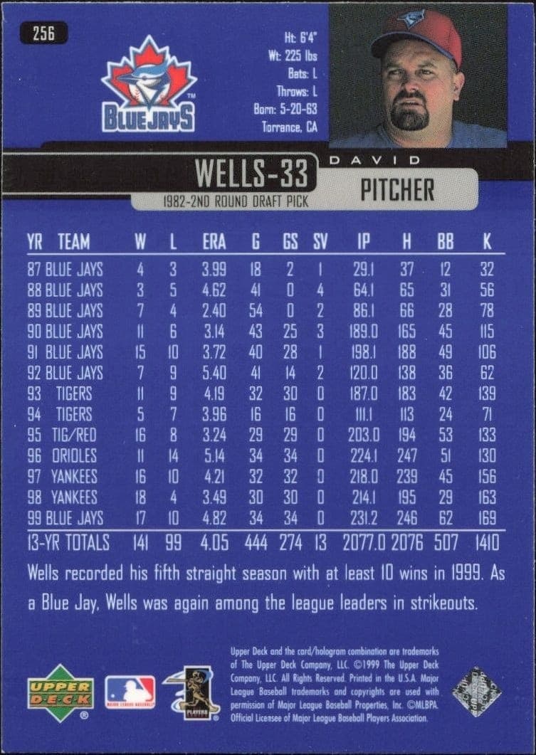 2000 Upper Deck David Wells #256 baseball trading card back