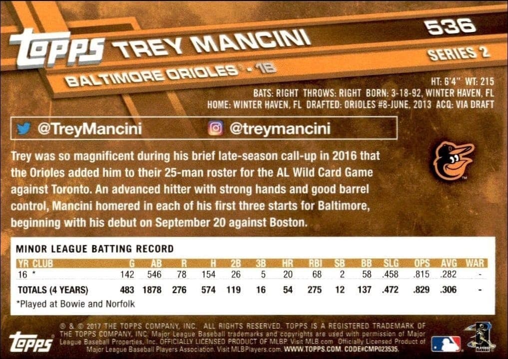 2017 Topps Series 2 Trey Mancini #536 baseball trading card back