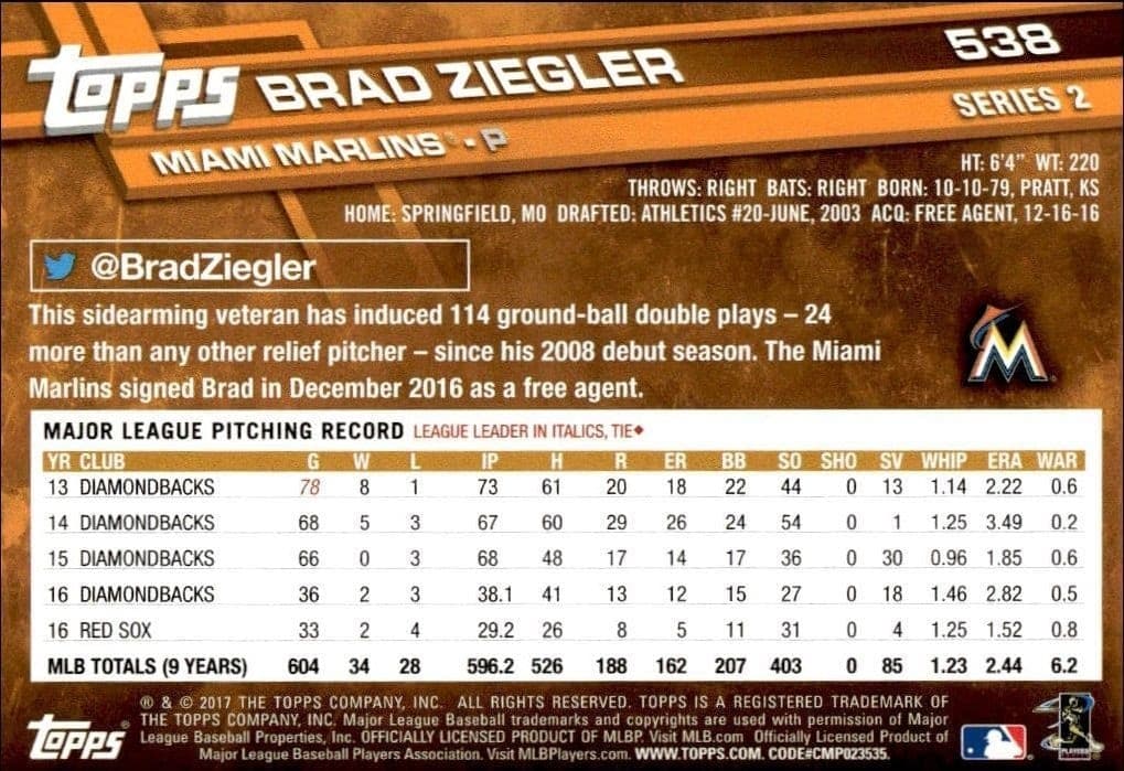 2017 Topps Series 2 Brad Ziegler #538 baseball trading card back