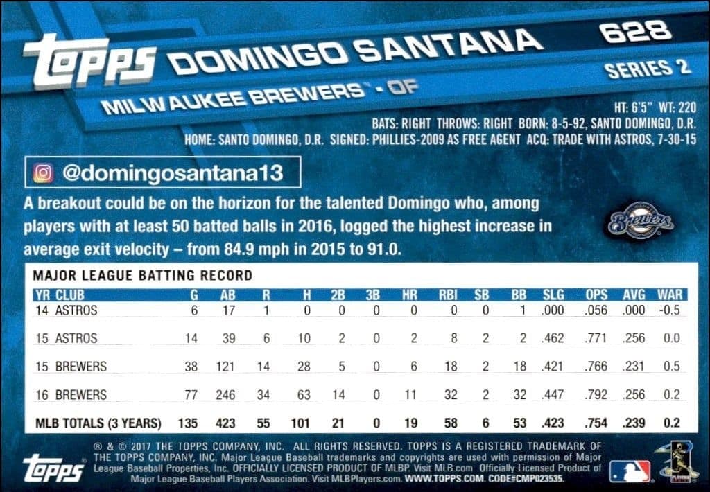 2017 Topps Series 2 Domingo Santana #628 baseball trading card back