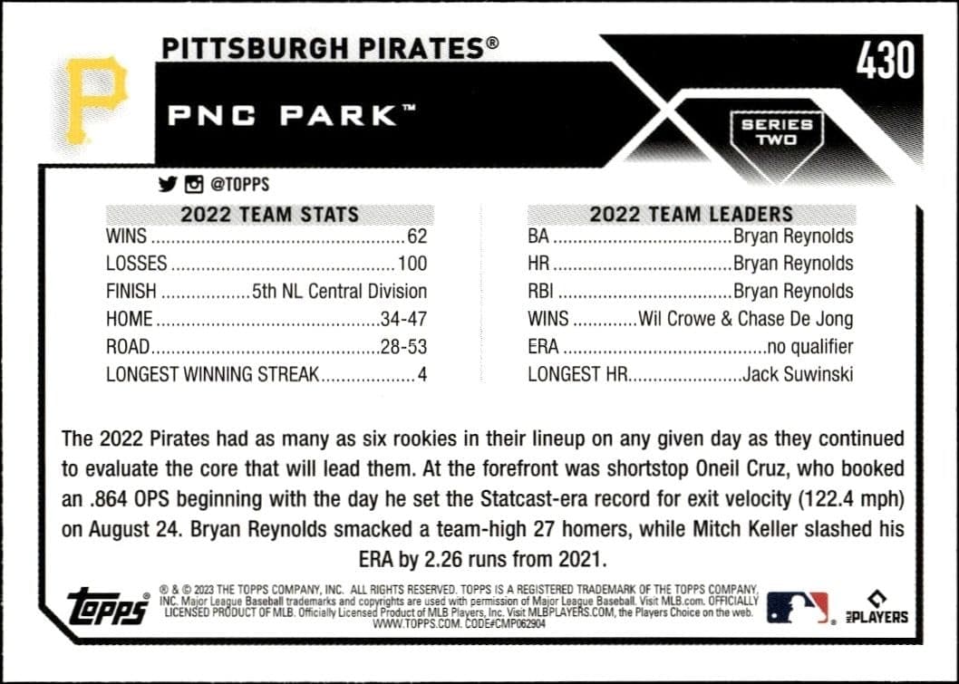 2023 Topps Series 2 Pittsburgh Pirates #430 baseball trading card back
