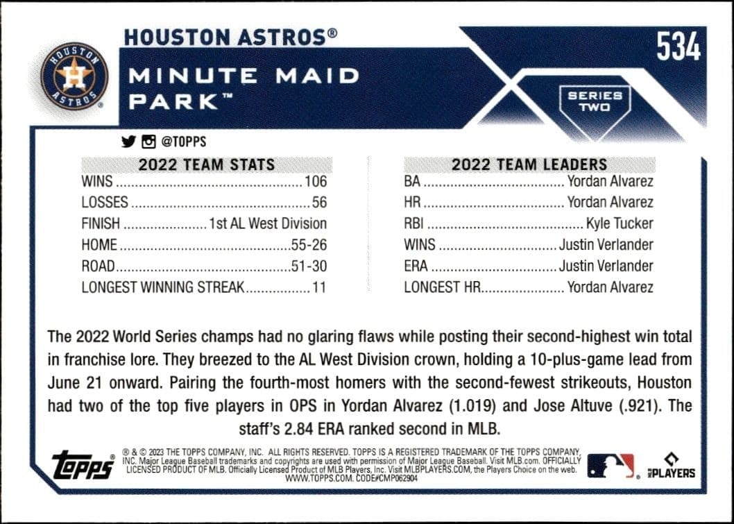 2023 Topps Series 2 Houston Astros #534 baseball trading card back