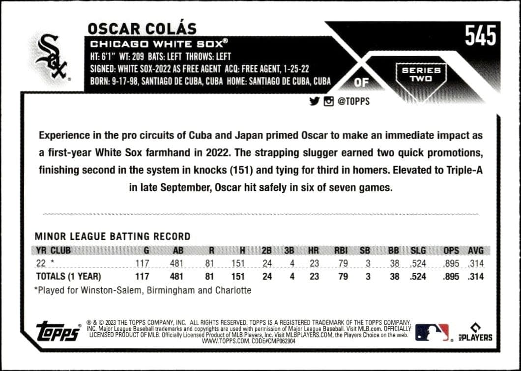 2023 Topps Series 2 Oscar Colas #545 baseball trading card back