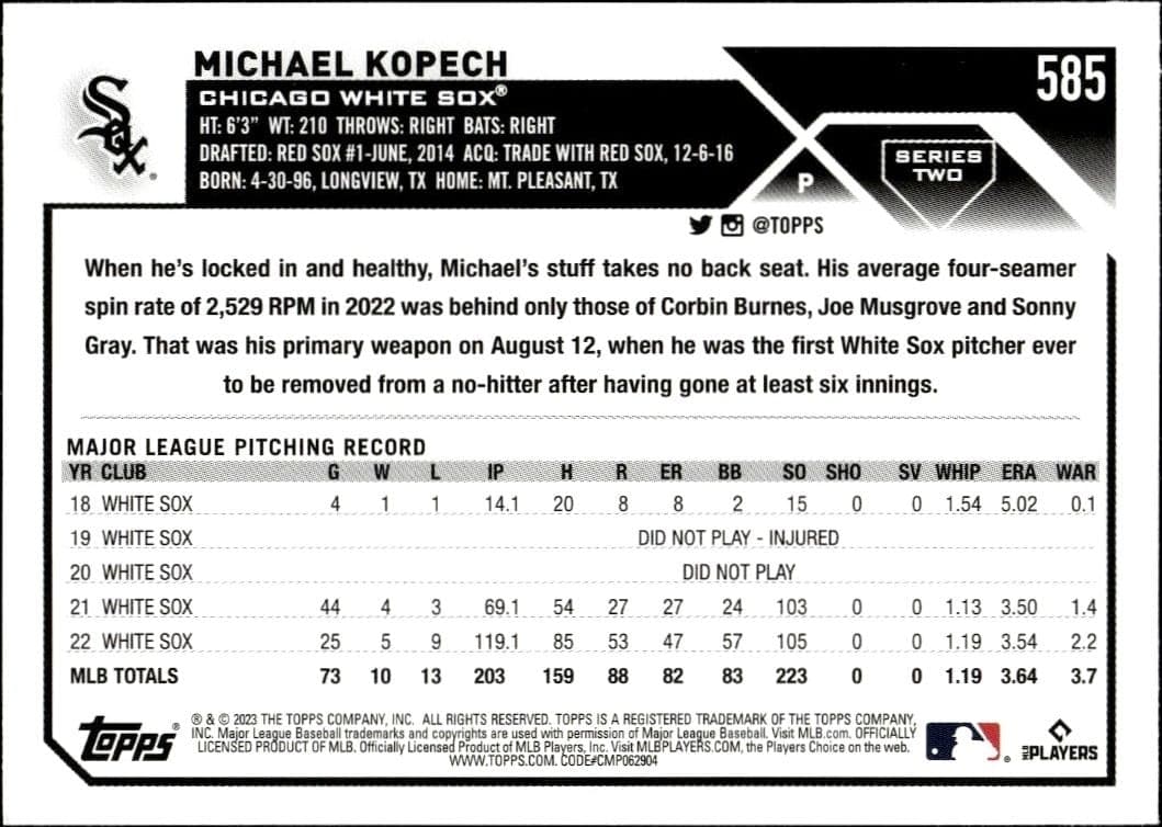 2023 Topps Series 2 Michael Kopech #585 baseball trading card back