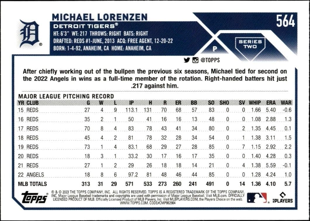 2023 Topps Series 2 Michael Lorenzen #564 baseball trading card back