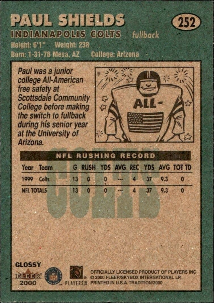 2000 Fleer Tradition Glossy Paul Shields #252 football trading card back