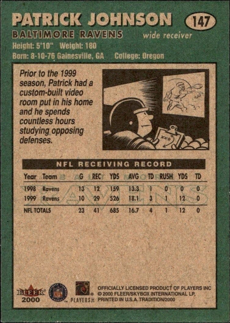 2000 Fleer Tradition Glossy Pat Johnson #147 football trading card back