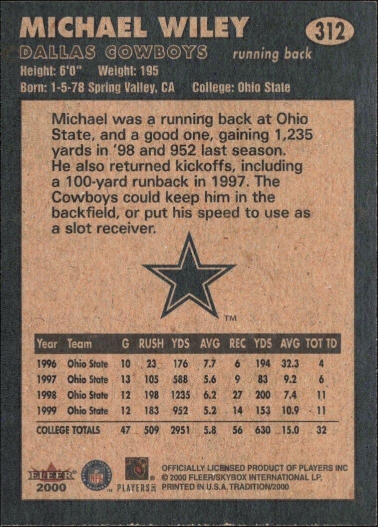 2000 Fleer Tradition Glossy Michael Wiley #312 football trading card back
