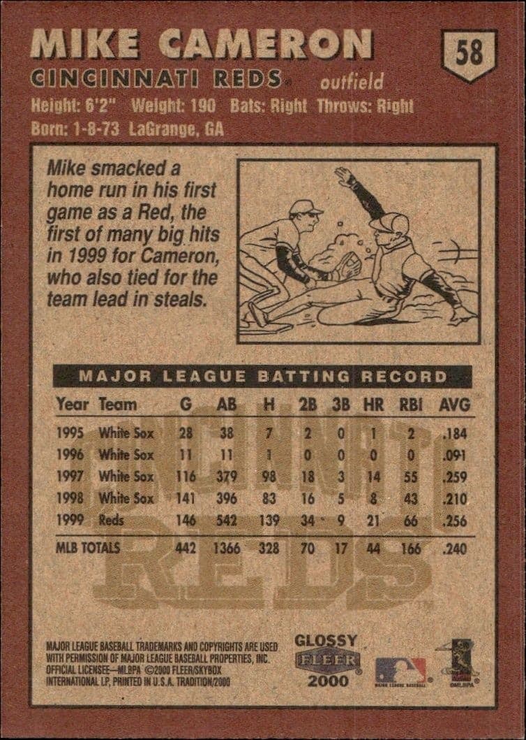 2000 Fleer Tradition Glossy Mike Cameron #58 baseball trading card back