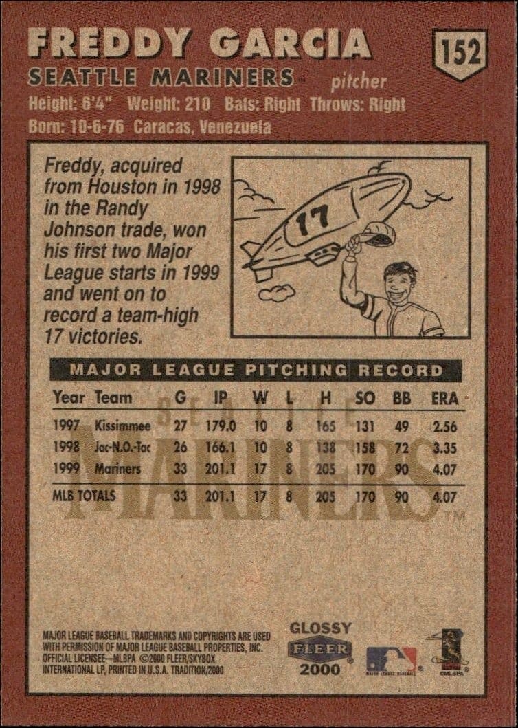2000 Fleer Tradition Glossy Freddy Adrian Garcia #152 baseball trading card back