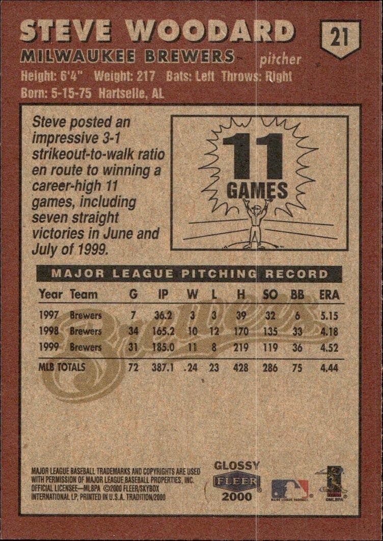 2000 Fleer Tradition Glossy Steve Woodard #21 baseball trading card back