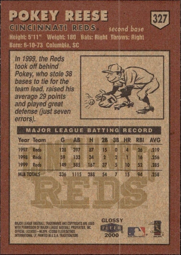 2000 Fleer Tradition Glossy Pokey Reese #327 baseball trading card back