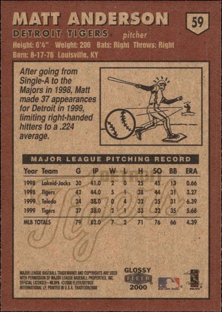 2000 Fleer Tradition Glossy Matt Anderson #59 baseball trading card back