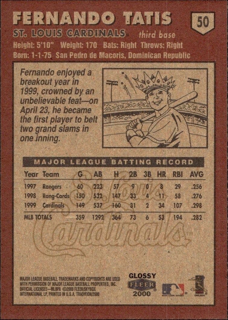2000 Fleer Tradition Glossy Fernando Tatis #50 baseball trading card back
