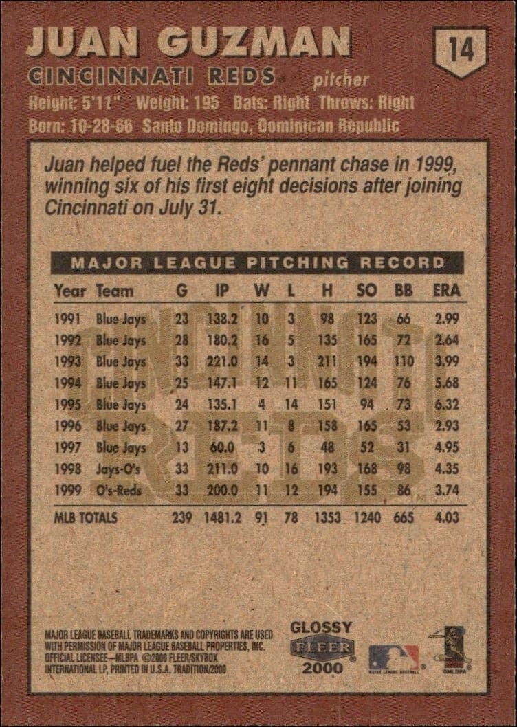 2000 Fleer Tradition Glossy Juan Guzman #14 baseball trading card back