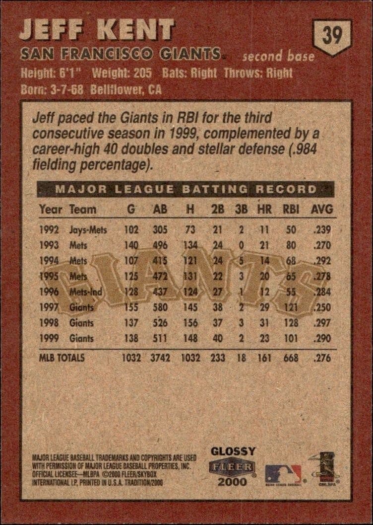 2000 Fleer Tradition Glossy Jeff Kent #39 baseball trading card back