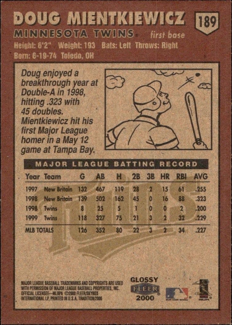 2000 Fleer Tradition Glossy Doug Mientkiewicz #189 baseball trading card back