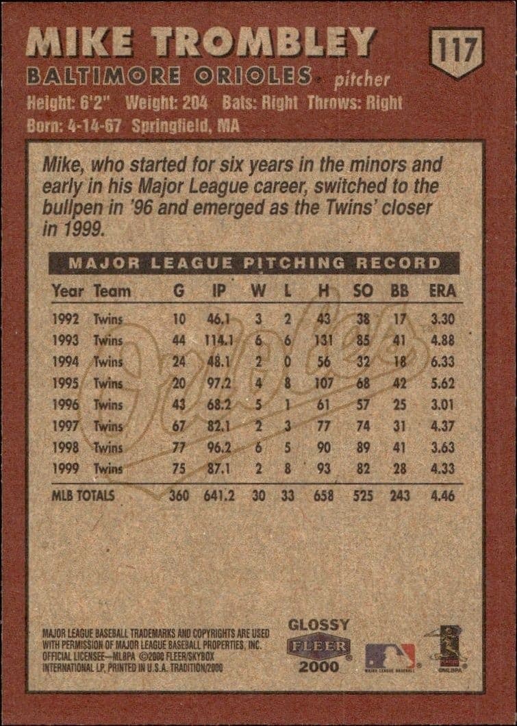 2000 Fleer Tradition Glossy Mike Trombley #117 baseball trading card back