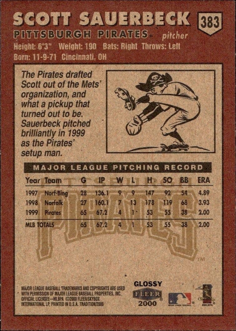 2000 Fleer Tradition Glossy Scott Sauerbeck #383 baseball trading card back