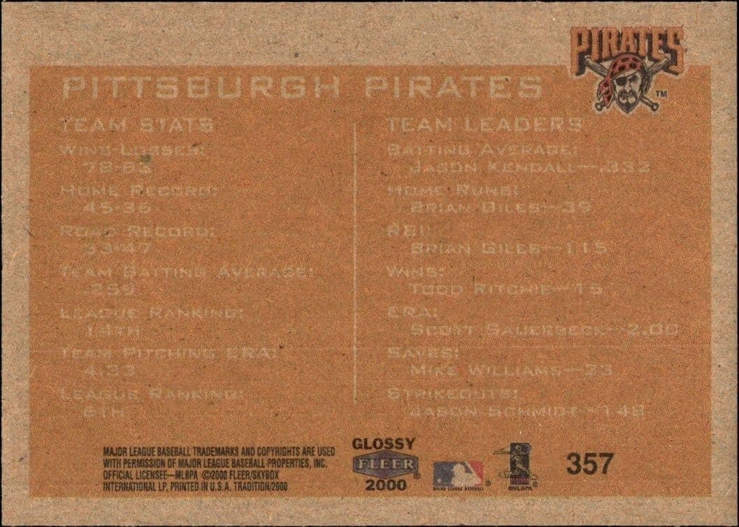 2000 Fleer Tradition Glossy Pittsburgh Pirates #357 baseball trading card back