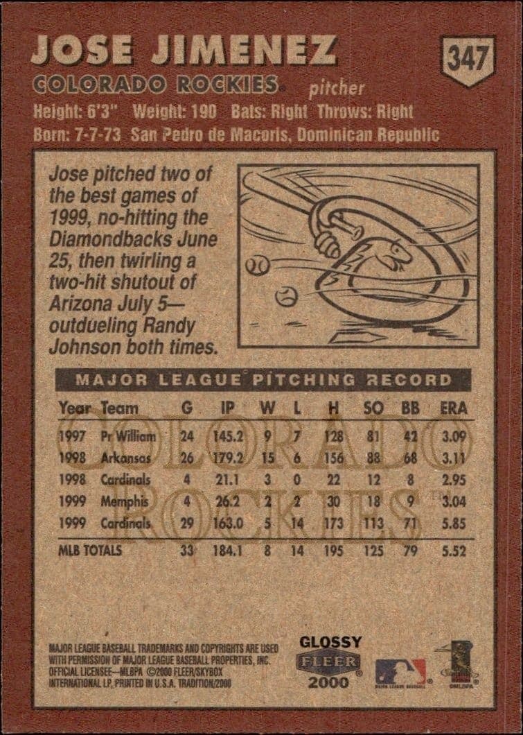 2000 Fleer Tradition Glossy Jose Jimenez #347 baseball trading card back