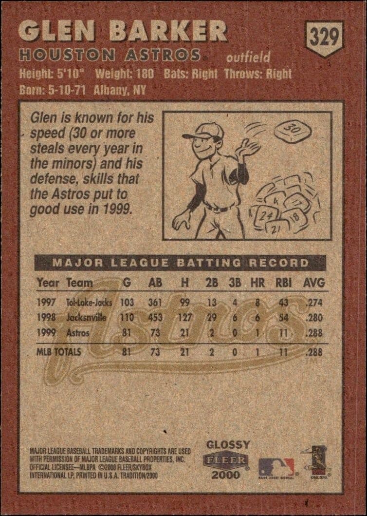 2000 Fleer Tradition Glossy Glen Barker #329 baseball trading card back