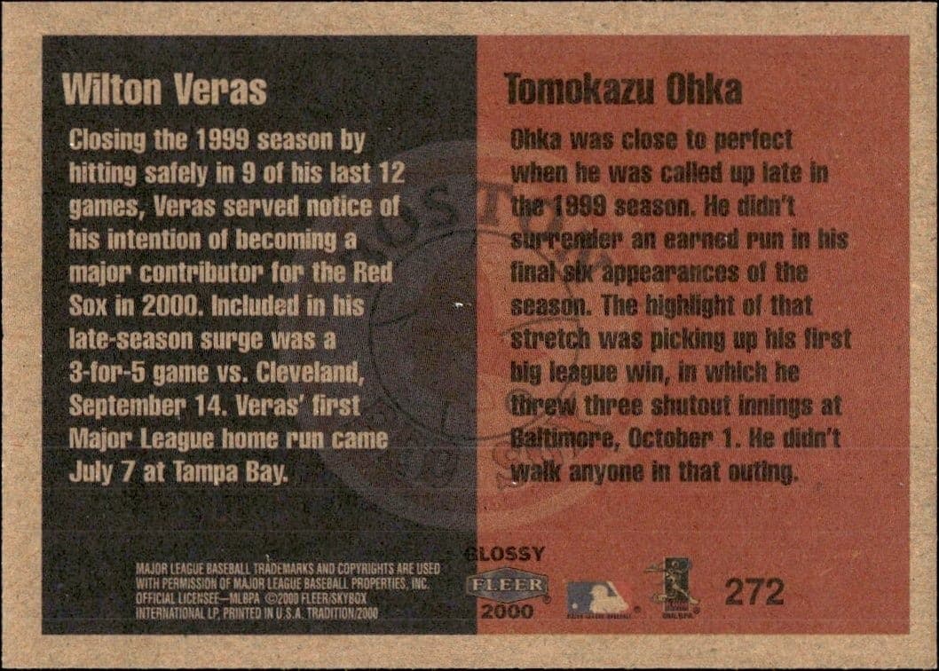 2000 Fleer Tradition Glossy Wilton Veras #272 baseball trading card back