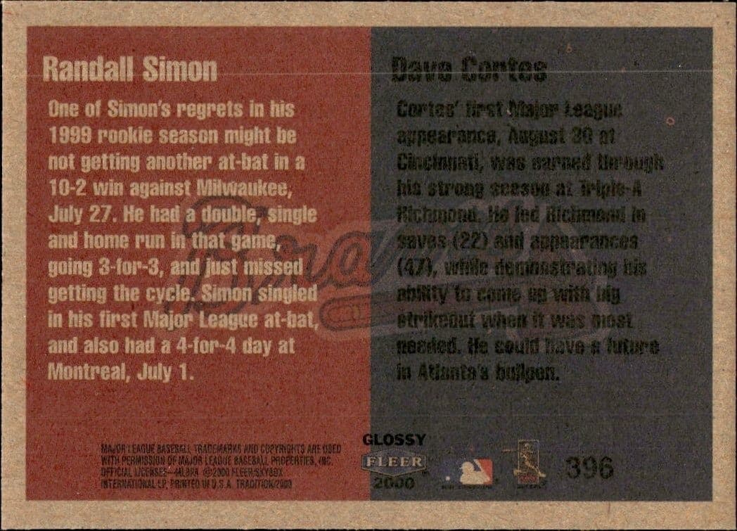 2000 Fleer Tradition Glossy Randall Simon #396 baseball trading card back