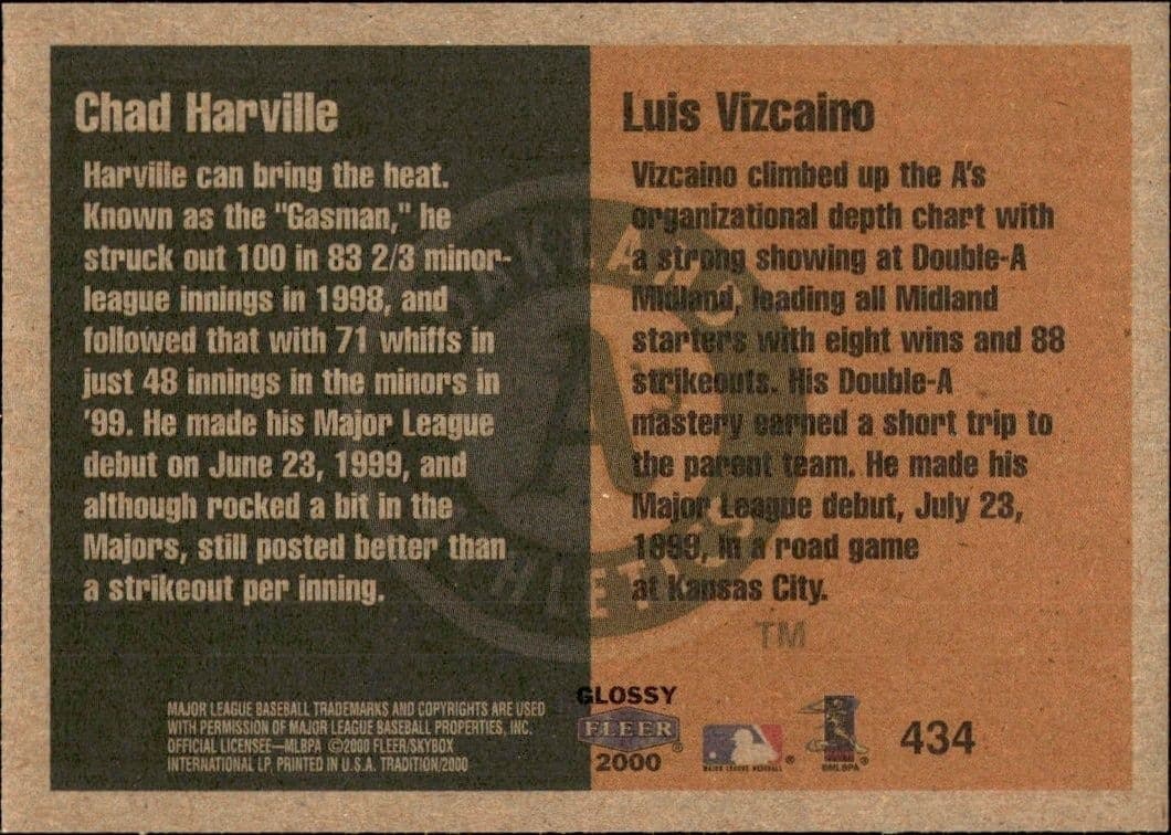 2000 Fleer Tradition Glossy Chad Harville #434 baseball trading card back