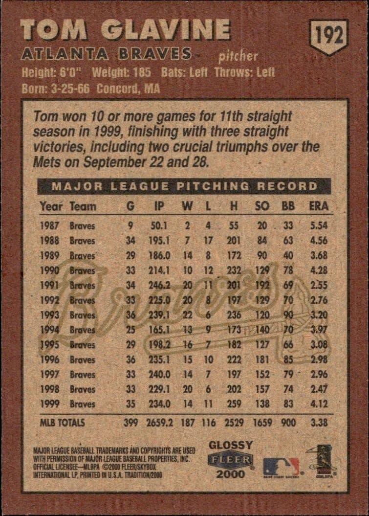 2000 Fleer Tradition Glossy Tom Glavine #192 baseball trading card back