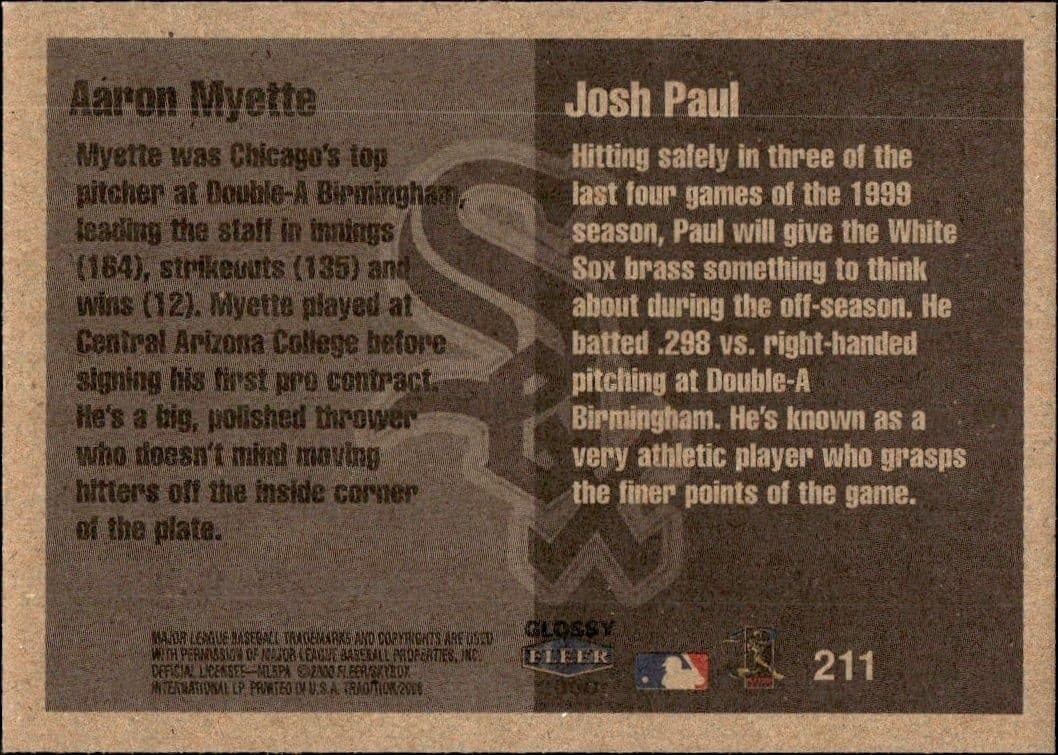2000 Fleer Tradition Glossy Aaron Myette #211 baseball trading card back