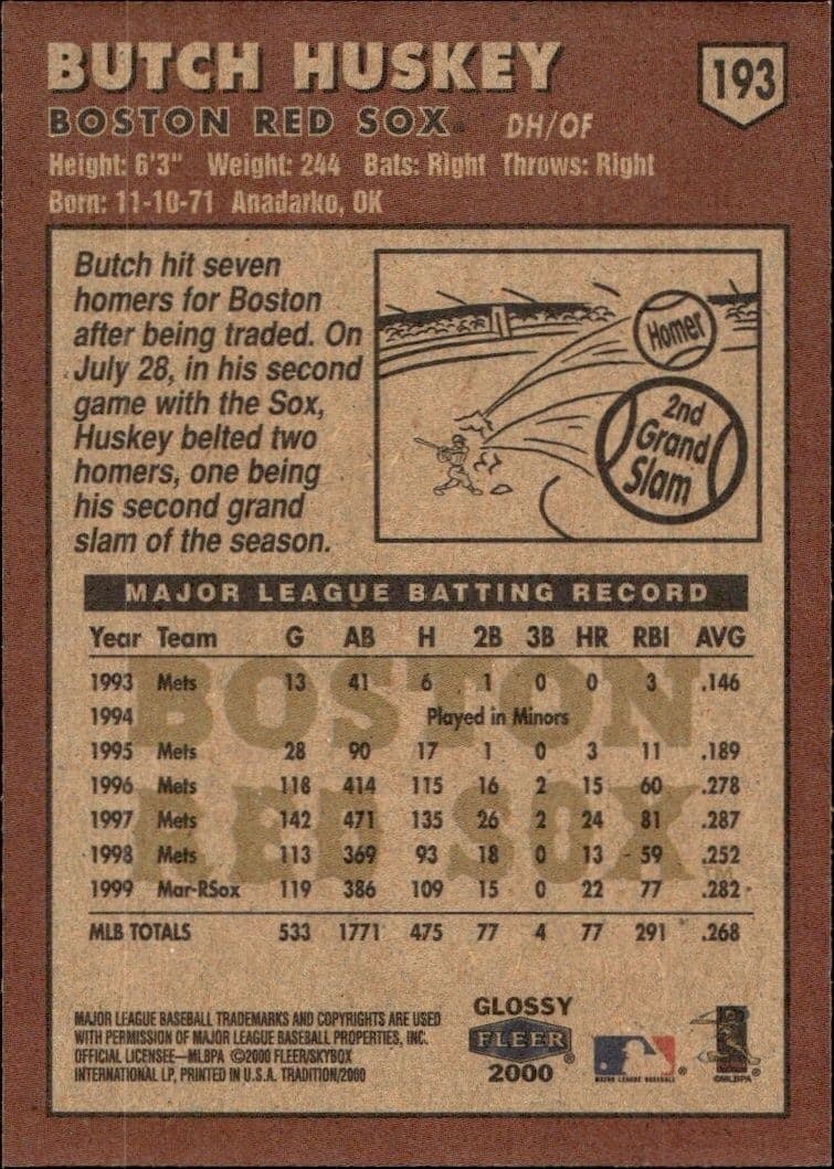 2000 Fleer Tradition Glossy Butch Huskey #193 baseball trading card back