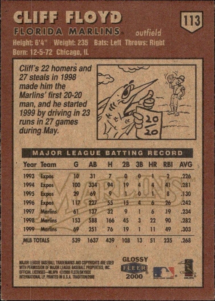 2000 Fleer Tradition Glossy Cliff Floyd #113 baseball trading card back