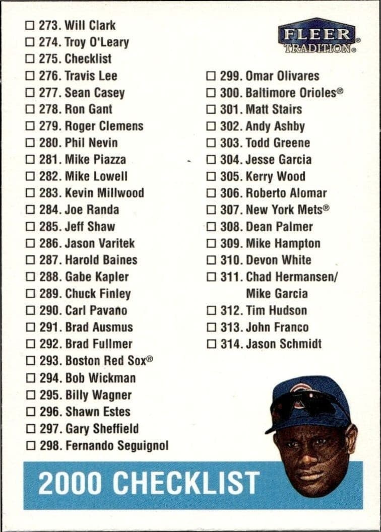 2000 Fleer Tradition Glossy Checklist #275 baseball trading card front